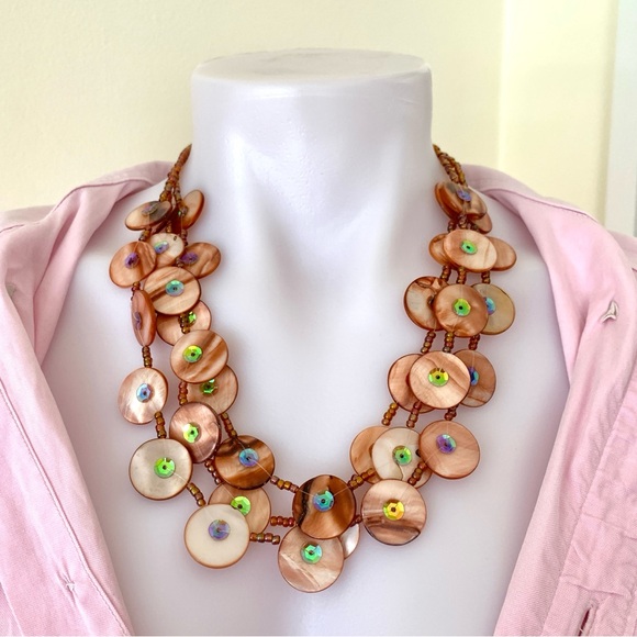 pink tan pearly disc beads 3 strand necklace with iridescent sequins boho chic - Picture 10 of 17